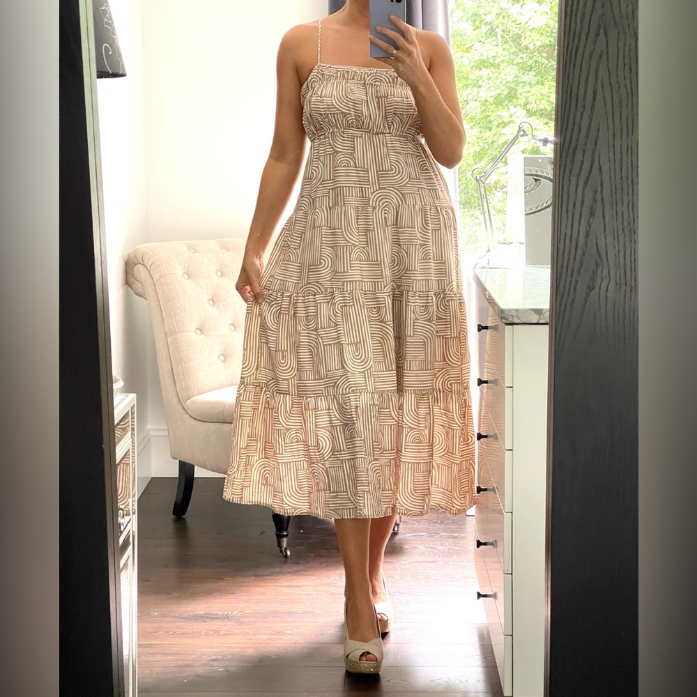 New! Elegant or Casual Tan Geometric Women Dress with Thin Straps & Full Skirt L